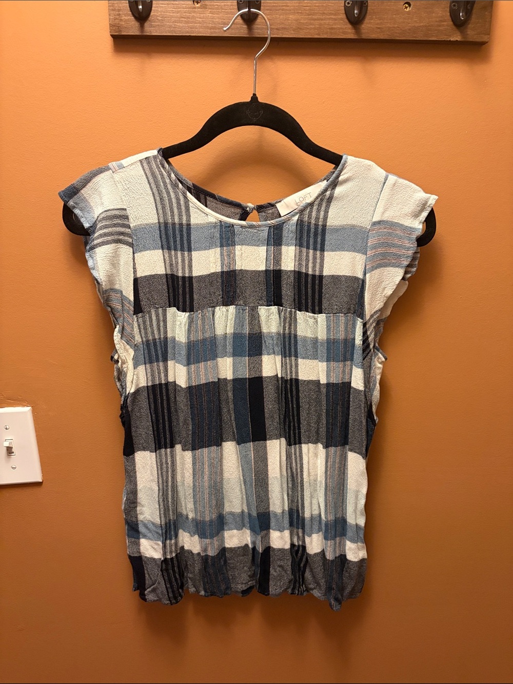 LOFT Blue white black pink Plaid Cap- Sleeve Top